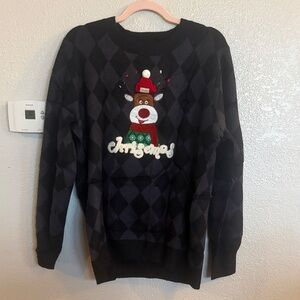 Men's Black Argyle Reindeer Crewneck Sweater